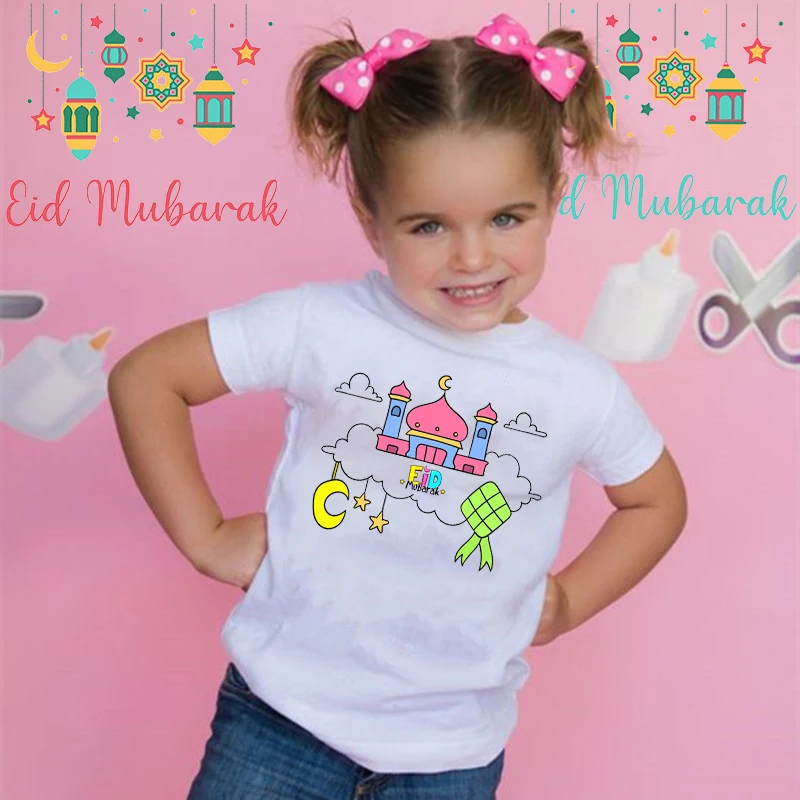 T-shirt manches courtes Happy Eid Mubarak pour enfants, garçons/filles, style musulman islamique, dessins animés, mosquées, College, été