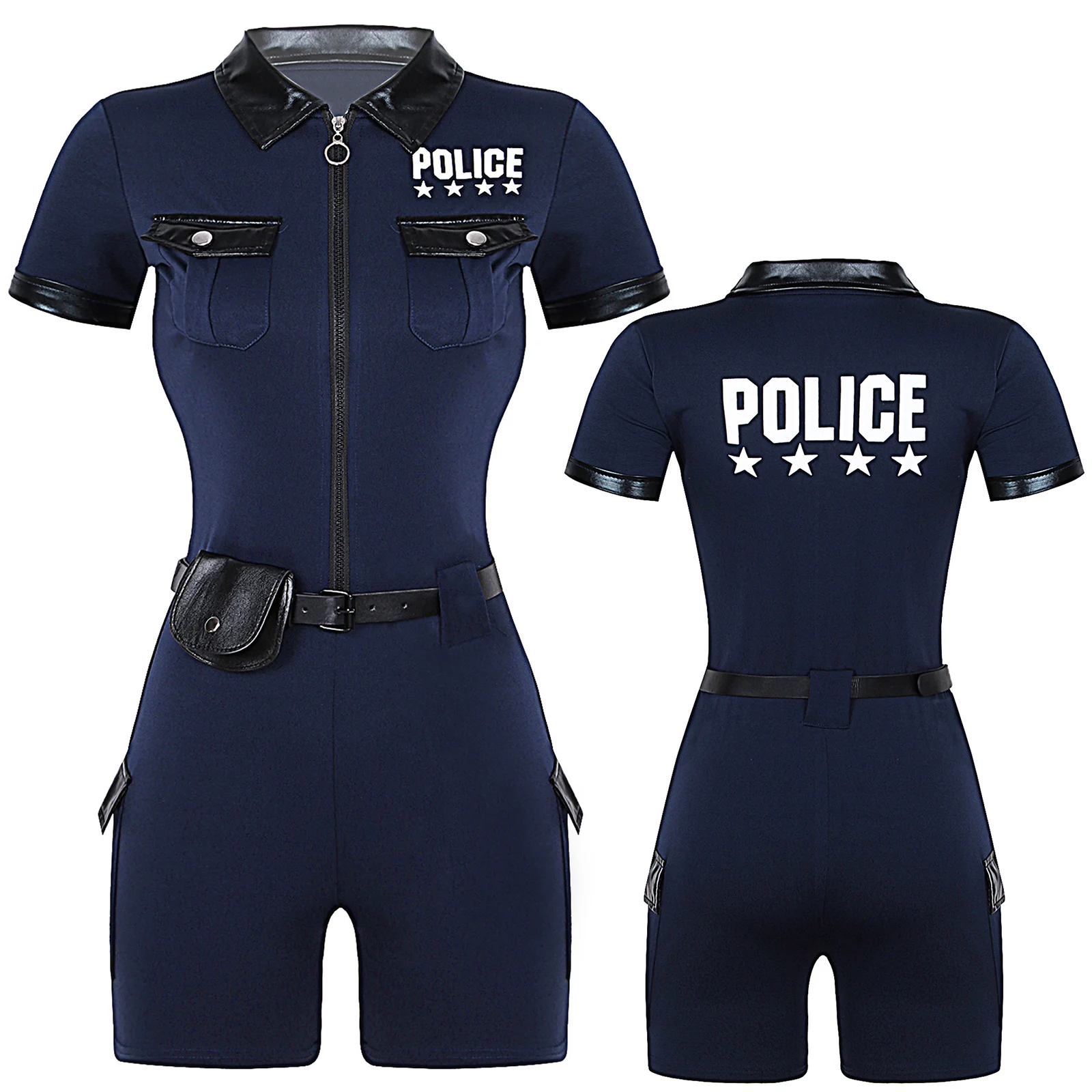 Women Policewoman Costume Police Romper Uniform Cop Officer Outfit Zipper Jumpsuit with Belt Purse Sets Halloween Party Dress Up