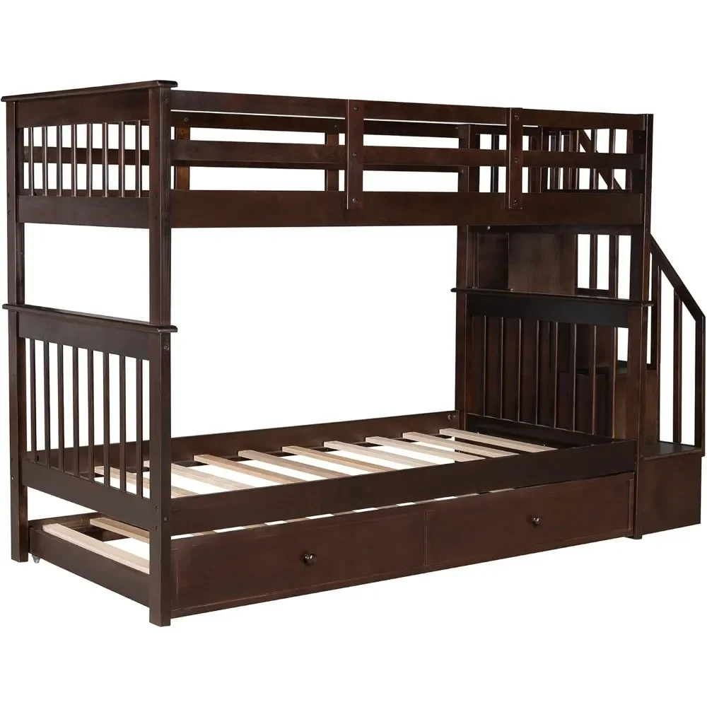 Twin Over Twin Bunk Bed with Stairs and Trundle, Solid Wood Stairway Bunk Bed Frame with Storage, for Kids Teens Adults Bunk Bed 6