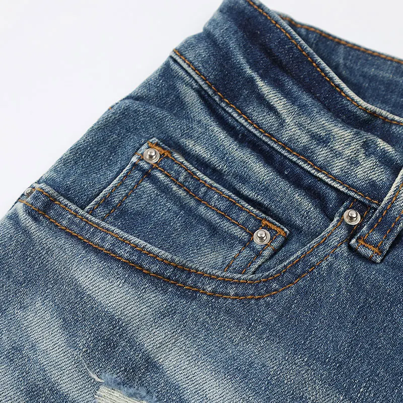 Street Fashion Men's Jeans Retro Light Blue Elastic Slim Fit Split Jeans Men's Blue Leather Panel Designer Hip Hop Brand High Qu