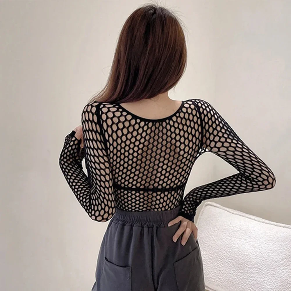 Sexy Long-Sleeve Mesh Fishnet Crop Top with See-Through Hollow-Out Design — photo 2