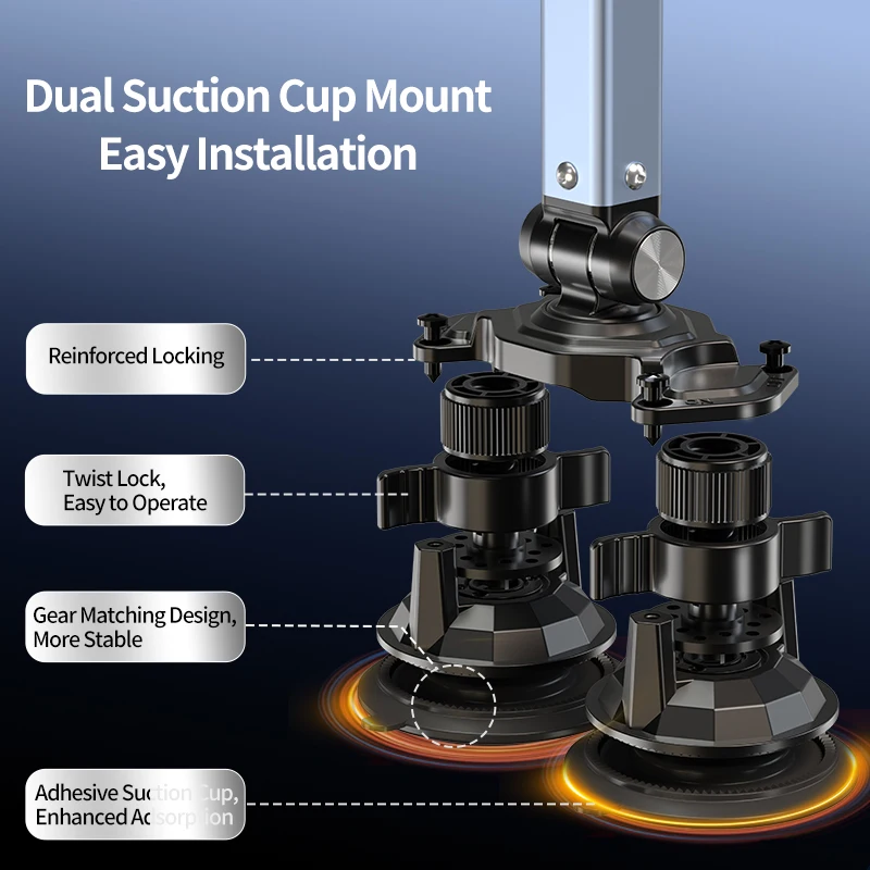 듀얼 석션컵 폰 태블릿 거치대 360도 회전 °   4-12.9인치 기기용 조절 가능한 금속 암 홀더, 스마트폰용 차량 대시보드 데스크 마운트