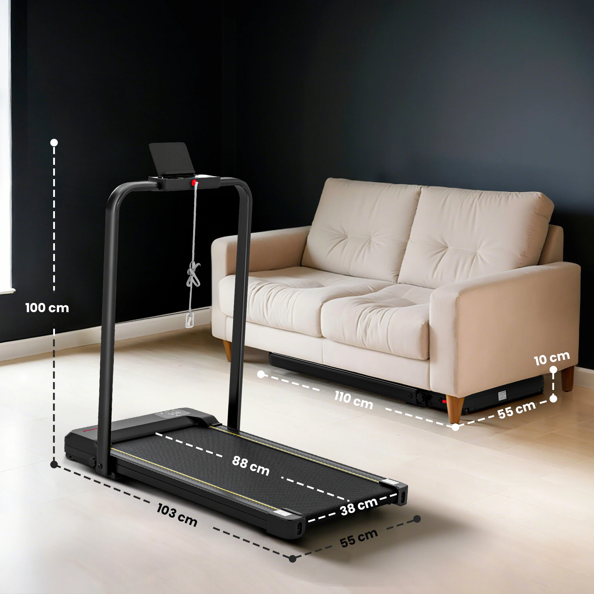 Tapis roulant pieghevole Sportnow 7% inclinato, tapis roulant elettrico da passeggio per la casa 2 in 1 sotto la scrivania con 2,0 CV, 6 - immagine 2