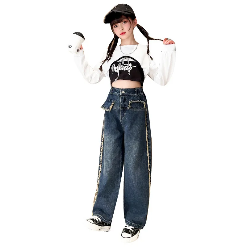 

Girls Clothes Spring Fashion Casual Set Letter Print Crop Top + Loose Raw Edge Design Jeans 2pcs Children's Clothing Suit 4-14 Y