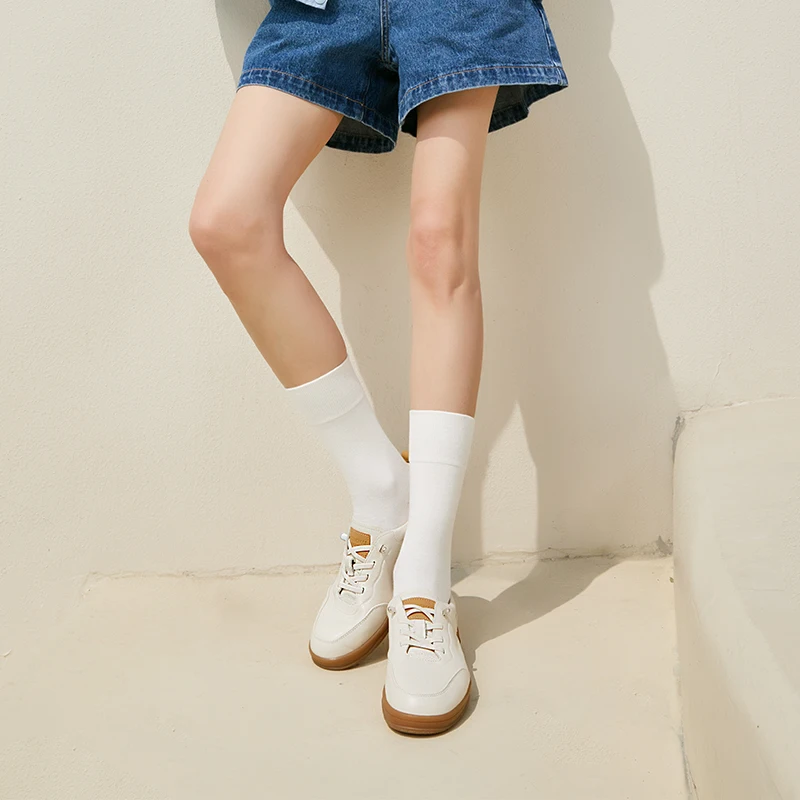 

Kangnai Sneakers Women Casual Shoes Cow Leather Elastic Band White Platform Tennis Flats Comfortable Female Shoes