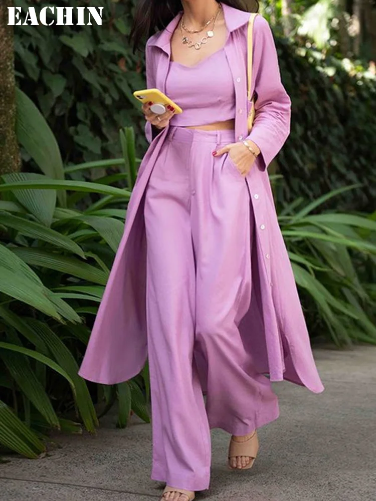 

2023 Autumn New Arrival Women Set Three Piece Singble Breasted Long Trench + High Waist Pant+sleeveless Vest Suit Casual Outfits