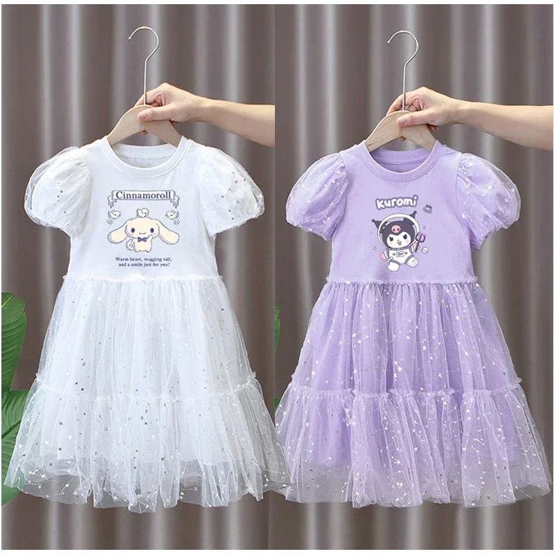 

Sanrios Anime Kuromi My Melody Cinnamoroll Girls Short Sleeve Gauze Skirt Party Princess Dress Children Summer Clothing Dresses