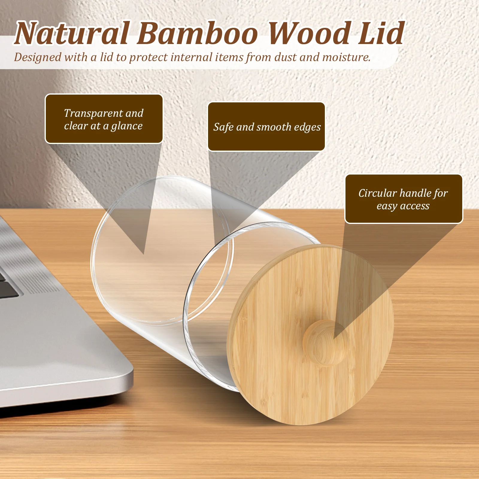 2/3Pcs Cotton Swab Holder Plastic Clear Cotton Ball Holder with Wooden Lid and Tray Paper Clip Dispenser Desktop Storage Jar