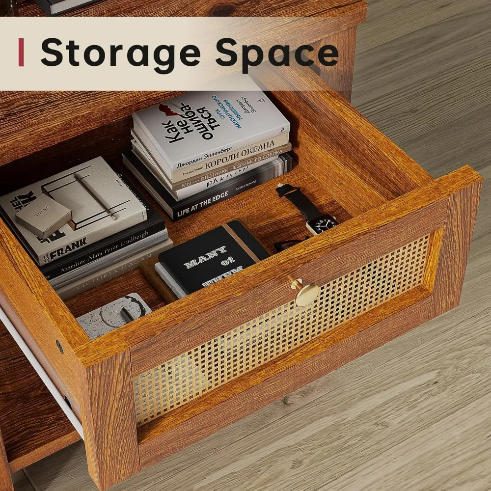 Nightstands Set , End Tables with Rattan Decor Drawers, Bedside Tables in Boho Style, Side Tables with Storage Shelf 3