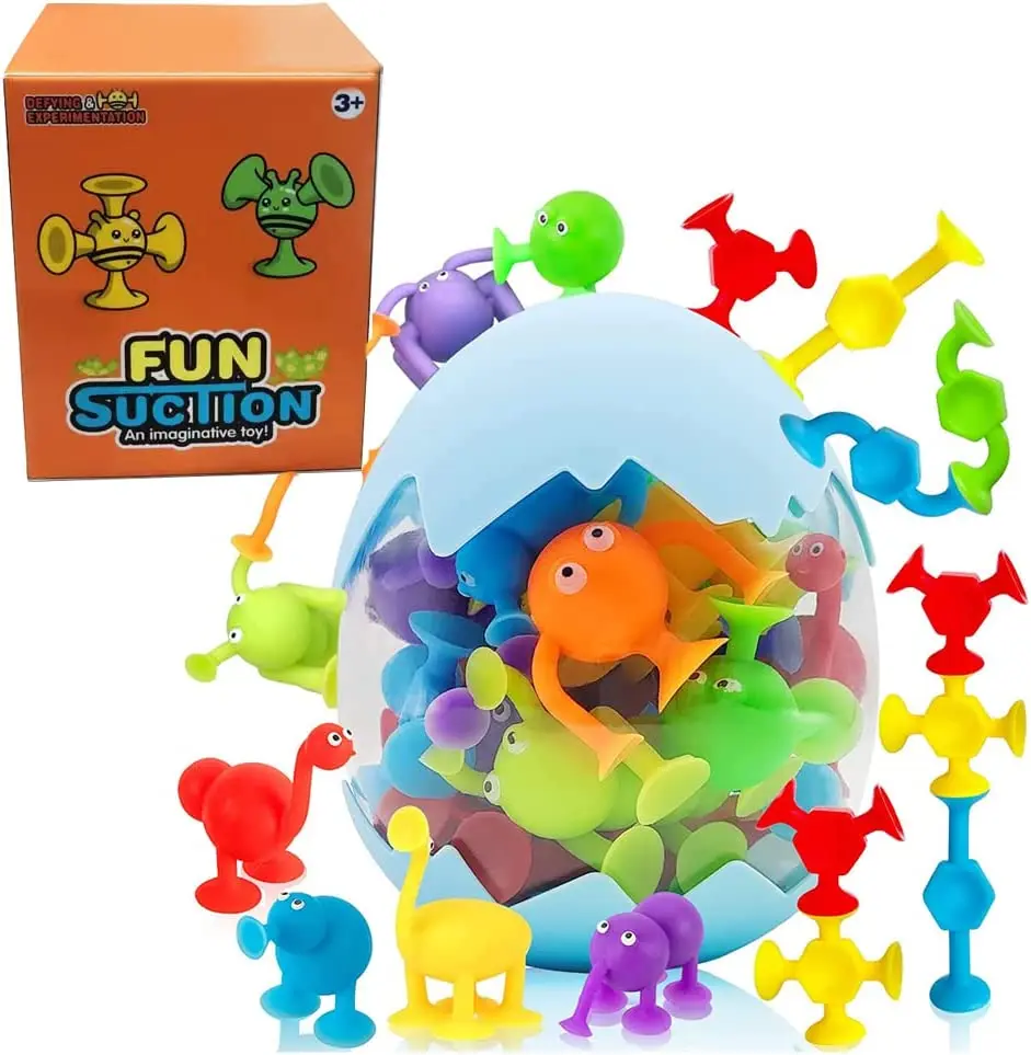 Suction Cup Toys suction cup toys 27 PCS Silicone Suction Bath Toys Travel Window Toy for Kids Sensory with Dinosaur Eggshell Storage