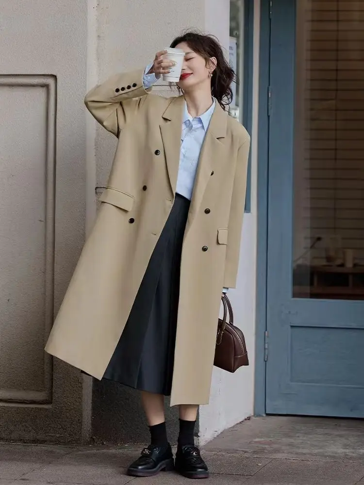 Women Long Windbreaker Over The Knee Blazer Office Ladies Coat Korean Chic Spring Autumn Long Sleeve Luxury Brand Women Clothing