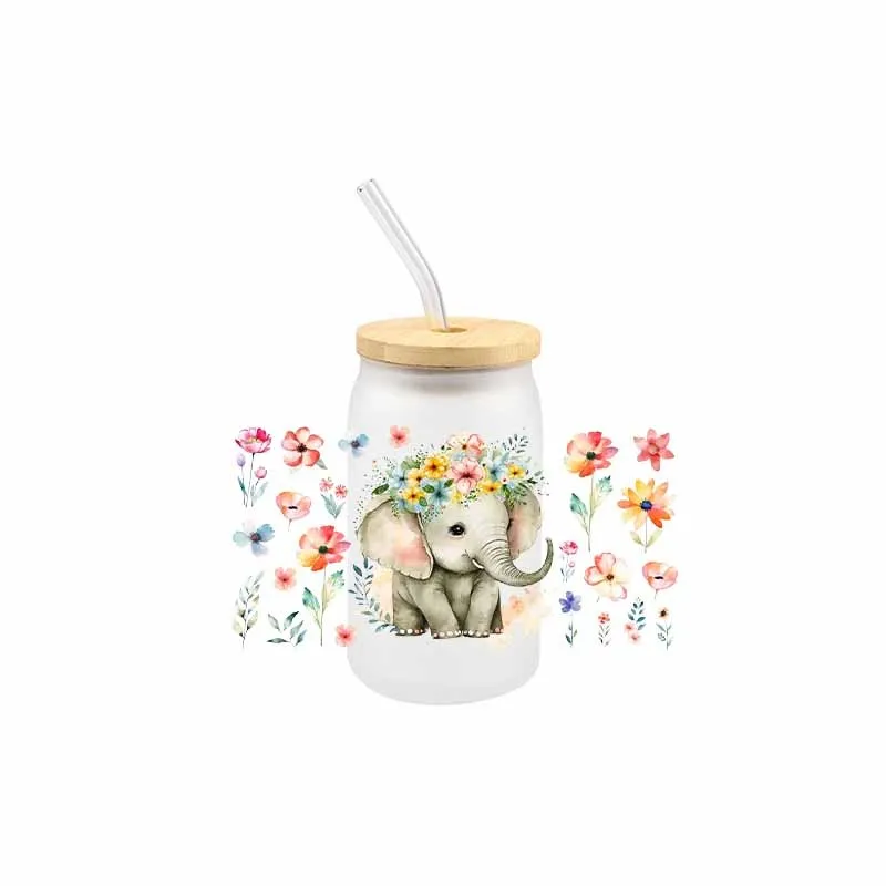 Elephant 3D UV DTF Cartoon Transfer Sticker Wraps Cup Libbey Glass Cup Decals Waterproof UV DTF Sticker