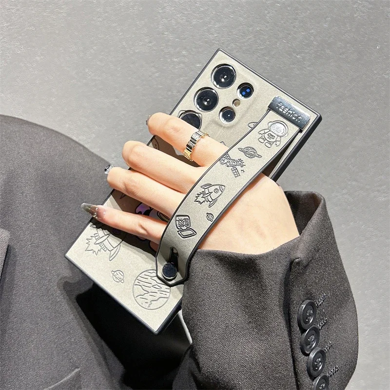 Laser Astronaut Wrist Strap Holder Leather Case for Samsung Galaxy S23 S22 Ultra S23Ultra S22Ultra Shockproof Back Cover_voghion.com