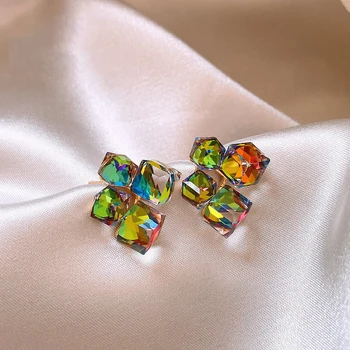 925 Silver Needle Fantastic Colorful Crystal Geometric Square Earrings For Women Girls Different Angles And Colors 2025 Trending