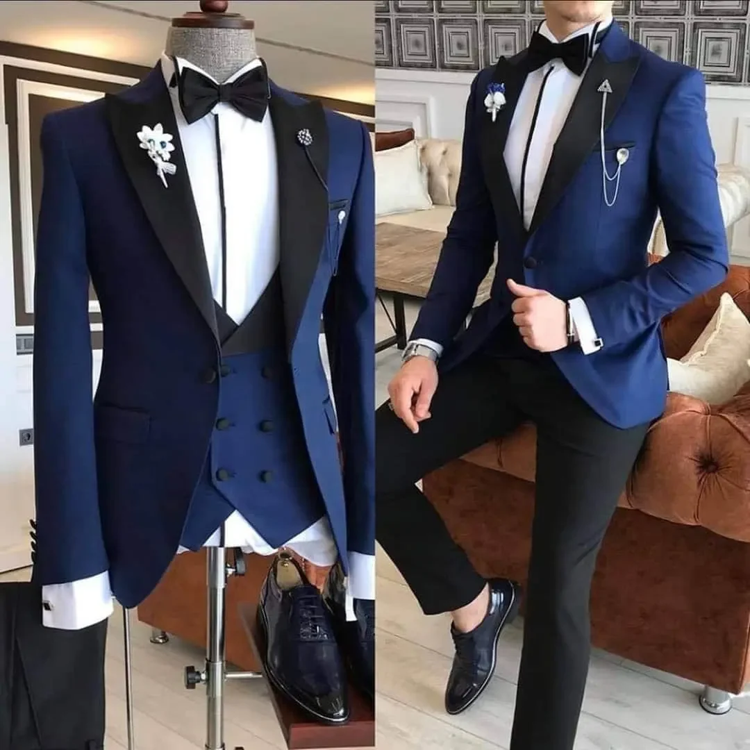 

Tailor Made Black Peak Lapel Blue One Button Suit Men Slim Fit Groom Tuxedos Business Prom Terno 3 Pieces（Blazer Vest Pants）