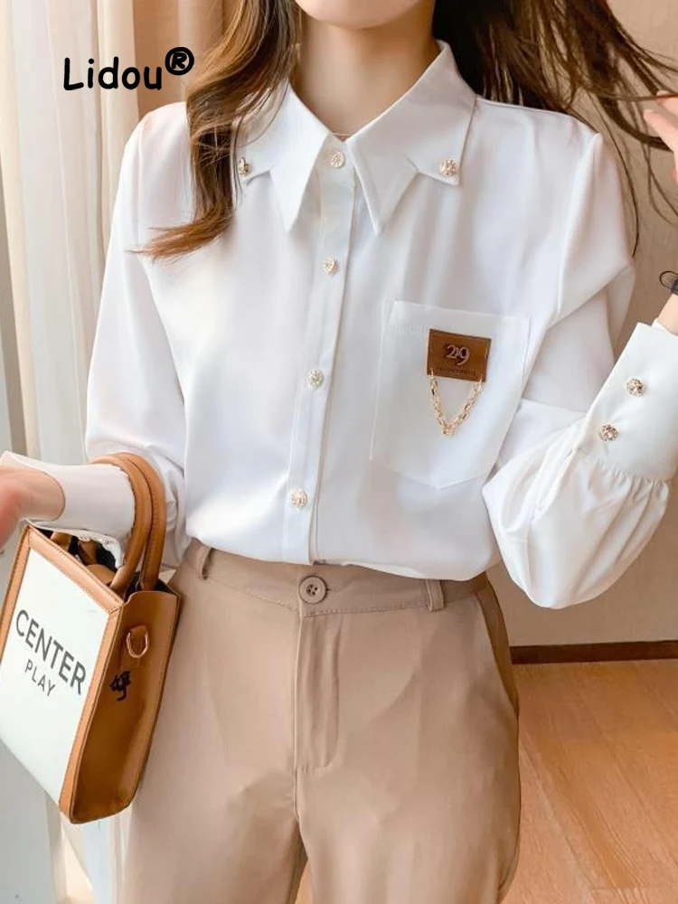 Fashion Office Pocket Chain Single-breasted Blouse Women New Classic Point Collar Anti-wrinkle Personality All-match Lady Shirt