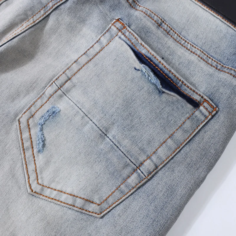 Street Fashion Men Jeans Retro Blue Stretch Skinny Fit Ripped Jeans Men Hole Red Patched Designer Hip Hop Brand Pants Hombre
