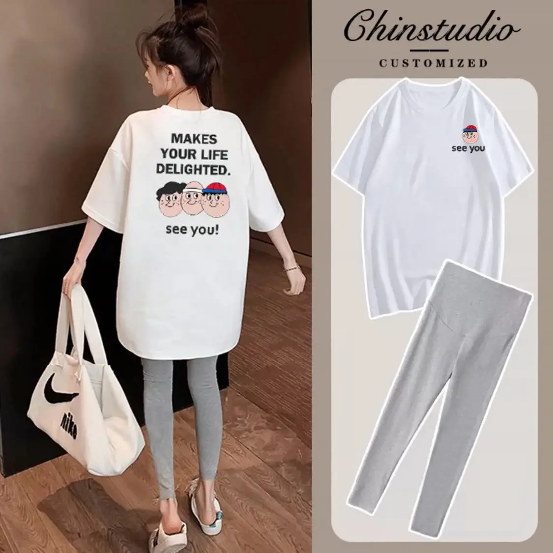 Maternity 2-Piece Summer Suit T-Shirt Spring And Summer Models Fashion Loose Short-Sleeved Trousers Maternity Two-Piece Suit