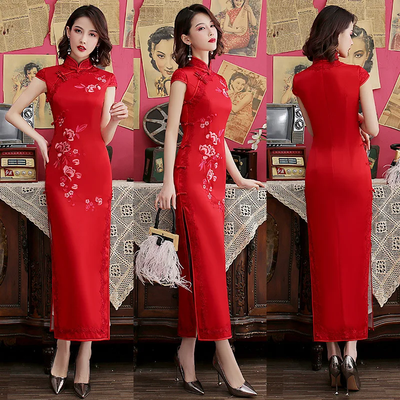 Silk Embroidered Long Cheongsam 2023 New Lace Edge Improved Qipao