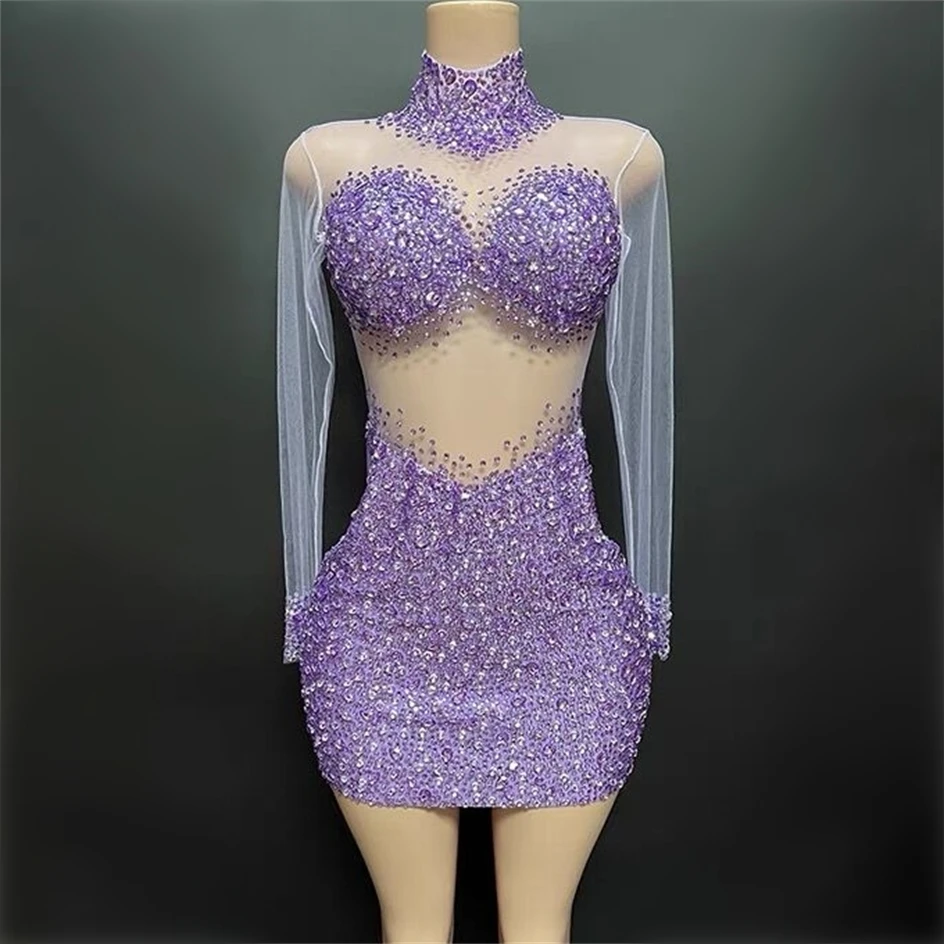 

Luxury Shining Diamonds Violet Color Sexy See Through Mesh Dress Evening Party Performance Costume Nightclub Singer Dancer Stage