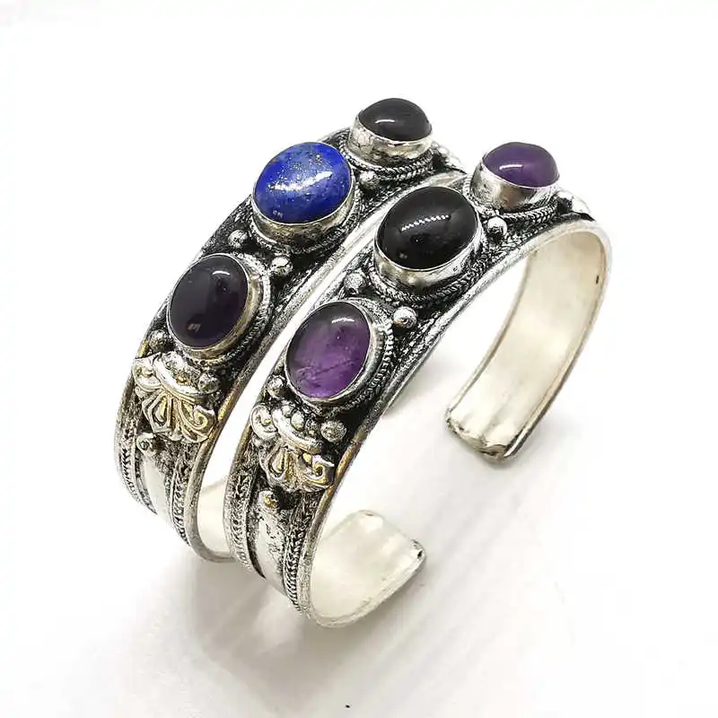 Tybetańskie miedziane metalowe bransoletki ametystowe koraliki otwarte  mankiet Vintage biżuteria BB-116 - AliExpress Biżuteria i akcesoria