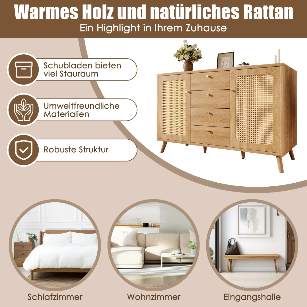 Sideboard, Kommode mit Schubladen und Türen, Aufbewahrungsschrank in Rattan-Optik mit verstellbaren Einsätzen, für das Wohnzimmer – Detail 6