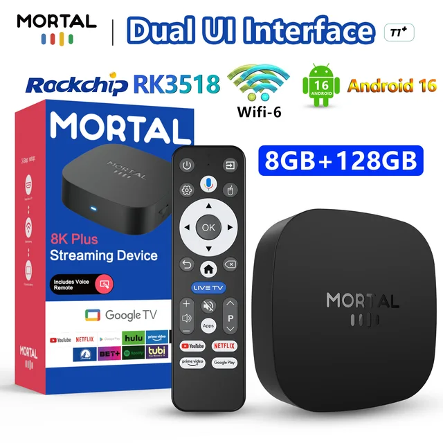 Mortal T1+ RK3518 Rockchip Smart TV Box BT5.4 Android 16.0  ROM 128GB RAM 8GB Wifi6 8K Voice Assistant Media Player TV Box