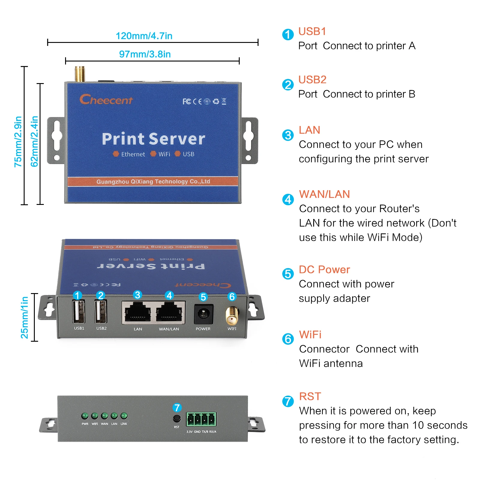 Беспроводной сервер печати CR202 с 2 USB-портами для офисного домашнего принтера, совместное Преобразование USB-принтера в беспроводной (старая модель PS2021)