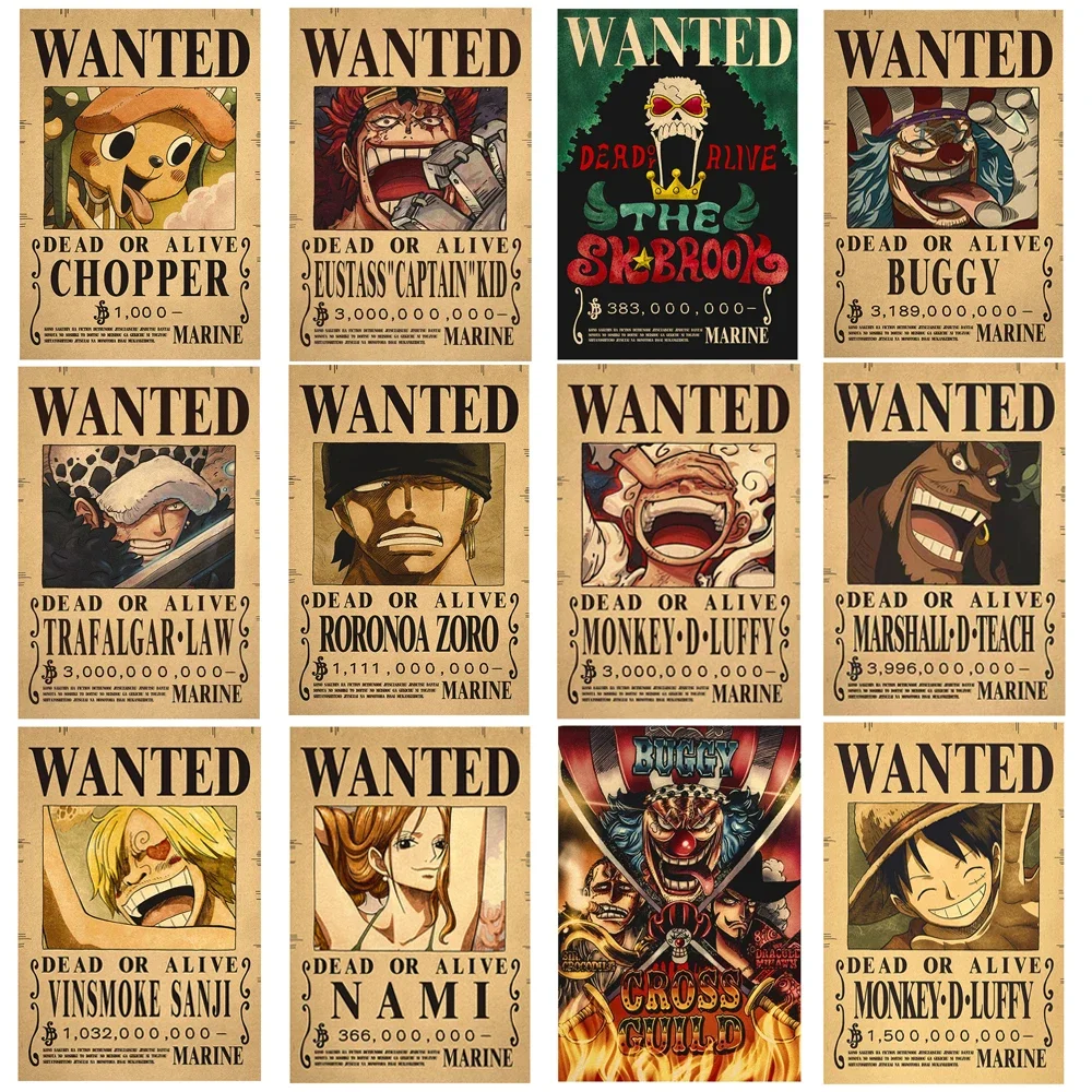 New Bounty One Piece Anime Figure Luffy Vintage Wanted Warrant Posters Children Room Wall Decoration Paintings Toys Gifts