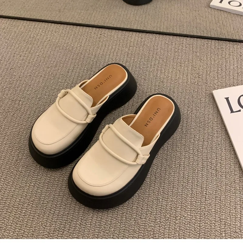 2024 Fashion Chunky Sandals heels Retro Large Head Women's Slippers Thick Bottom Women's Bag Head Half Slippers Vulcanized Shoes