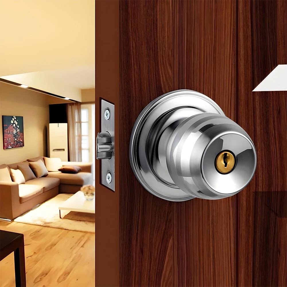 Door Knobs 1set Safety Lock Door Handle Stainless Steel Entrance Round Doorknob Passage Lock with Key For Home Office Hotel