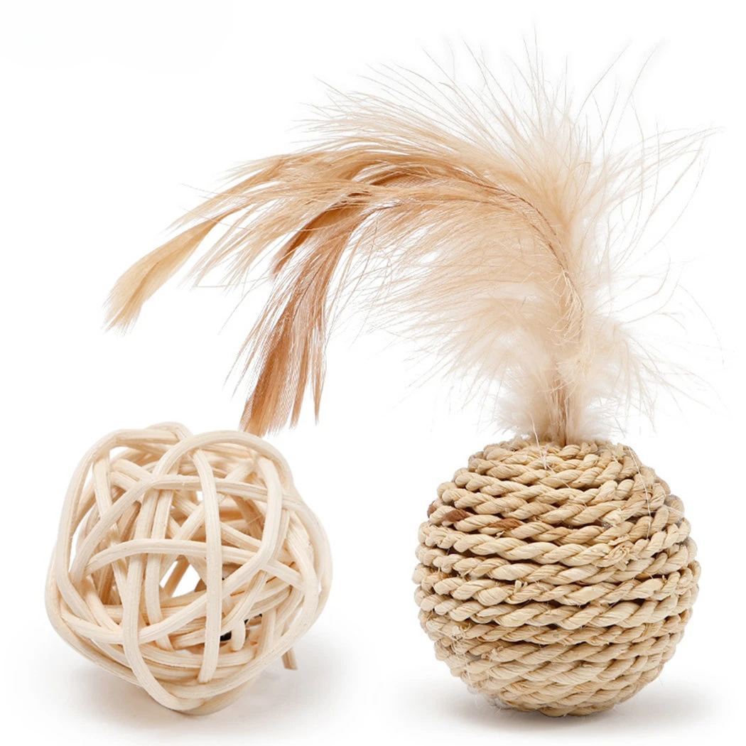 

2pcs Cat Toy Pet Rattan Ball Cat Toy Funny Faux Feather Cat Bell Ball Kitten Playing Interactive Ball Toys Pet Supplies