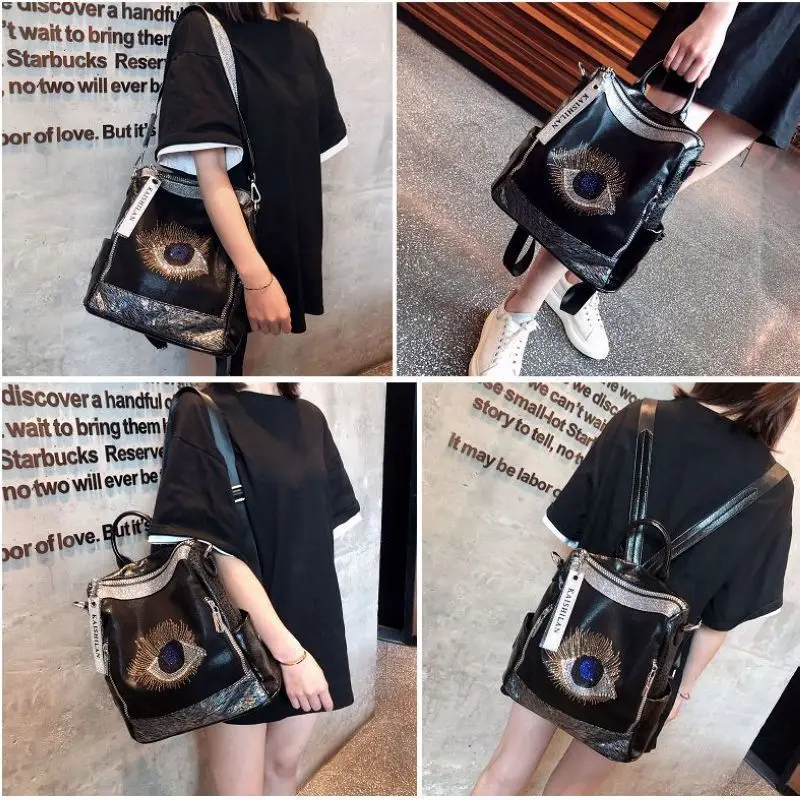 Rhinestone Big Eye Backpacks Women Real Leather Backpack Women Large Capacity Travel Mochila Mujer Female Rucksack