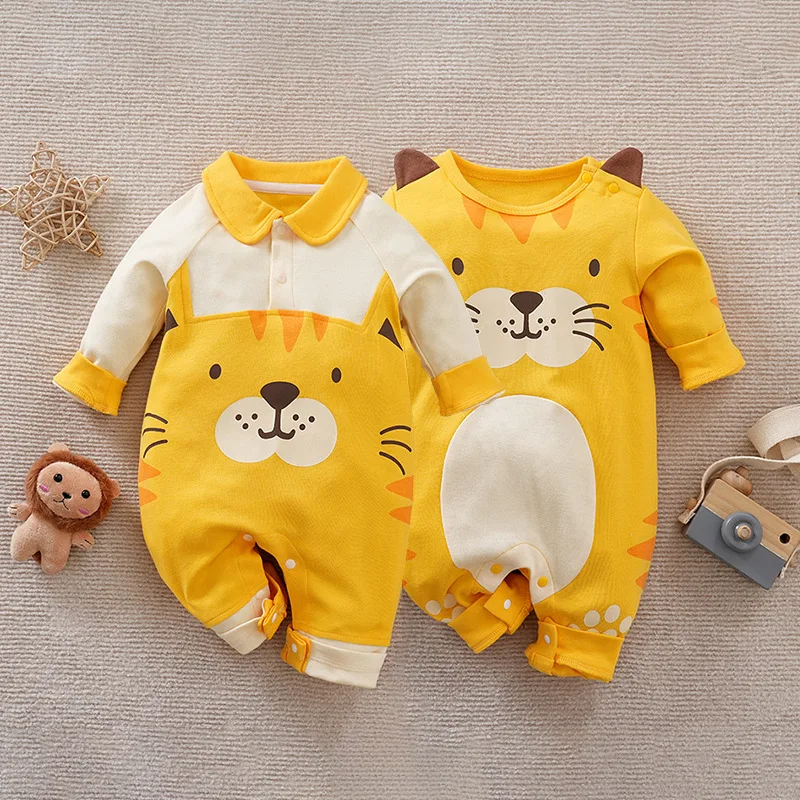 

2023 Sping Baby Tiger Rompers Long Sleeve Cartoon Baby Boy Clothing One Peice Lapel Bodysuits for Newborns