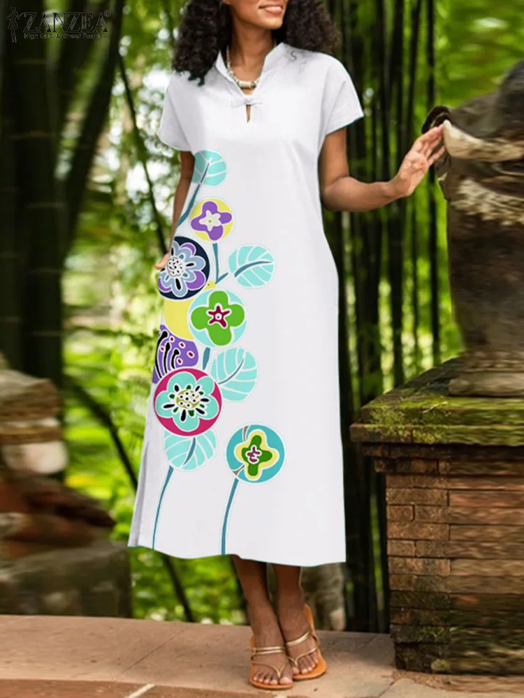 

ZANZEA Vintage Cheongsam Midi Sundress Women Flower Print Dress Fashion V-neck Short Sleeve Robe 2024 Summer Retro Loose Vestido