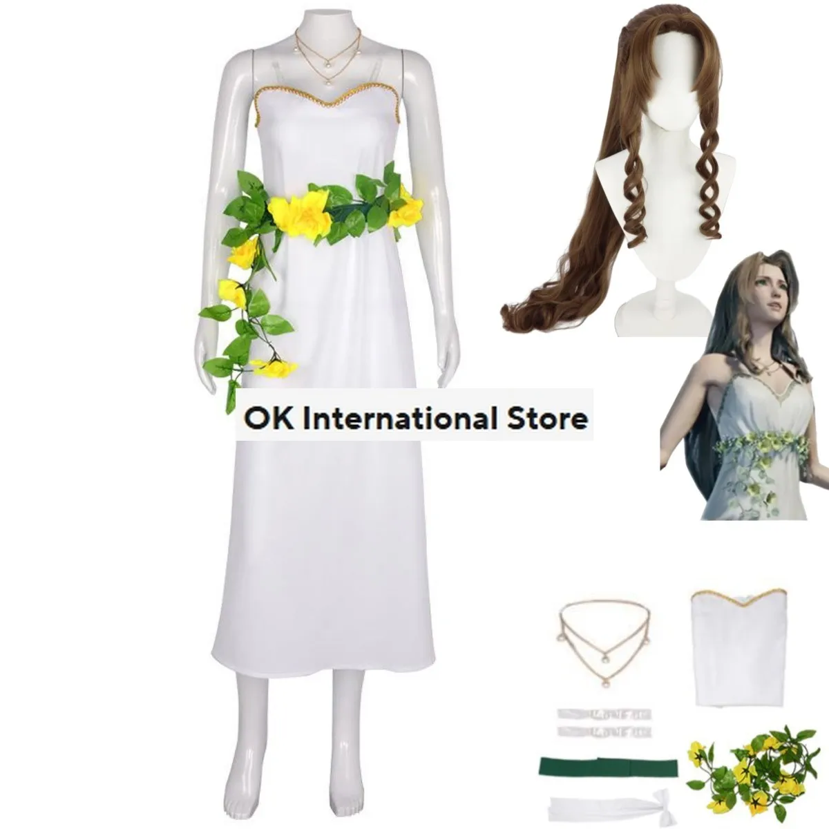 

Anime Game Final Fantasy VII Aerith Gainsborough Cosplay Costume Wig White Dress Woman Sexy Kawaii Carnival Christmas Suit
