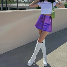  Women Summer Zipper Front A-Line Mini Skirt Harajuku Gothic Punk Metal Star Chain Patchwork Casual Slim Fit Streetwear 