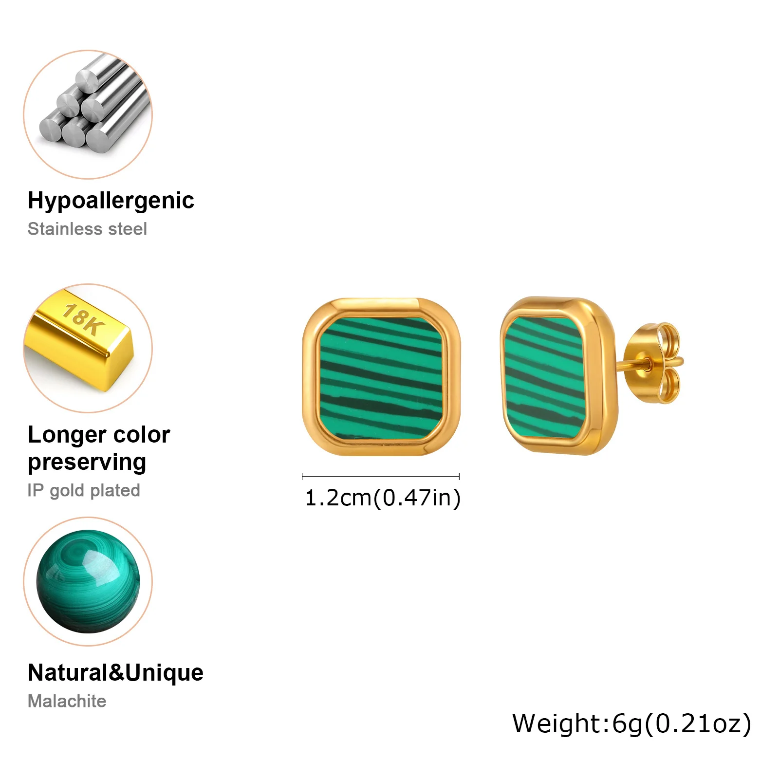 Natural Green Stone Stud Earring for Men Women,Waterproof Stainless Steel Square Metal Stud Earring,Trendy Jewelry Gift