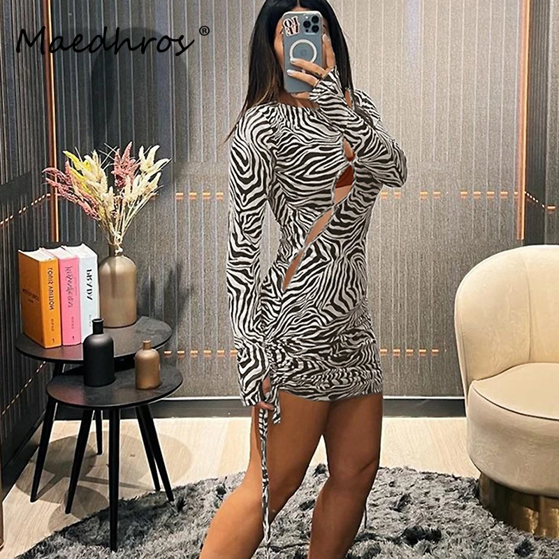 

Mesh Print Long Sleeve Hollow Out See Through Women Sexy Bodycon Mini Dress Fall Female Evening Party Dress Nightclub Y2K Outfit