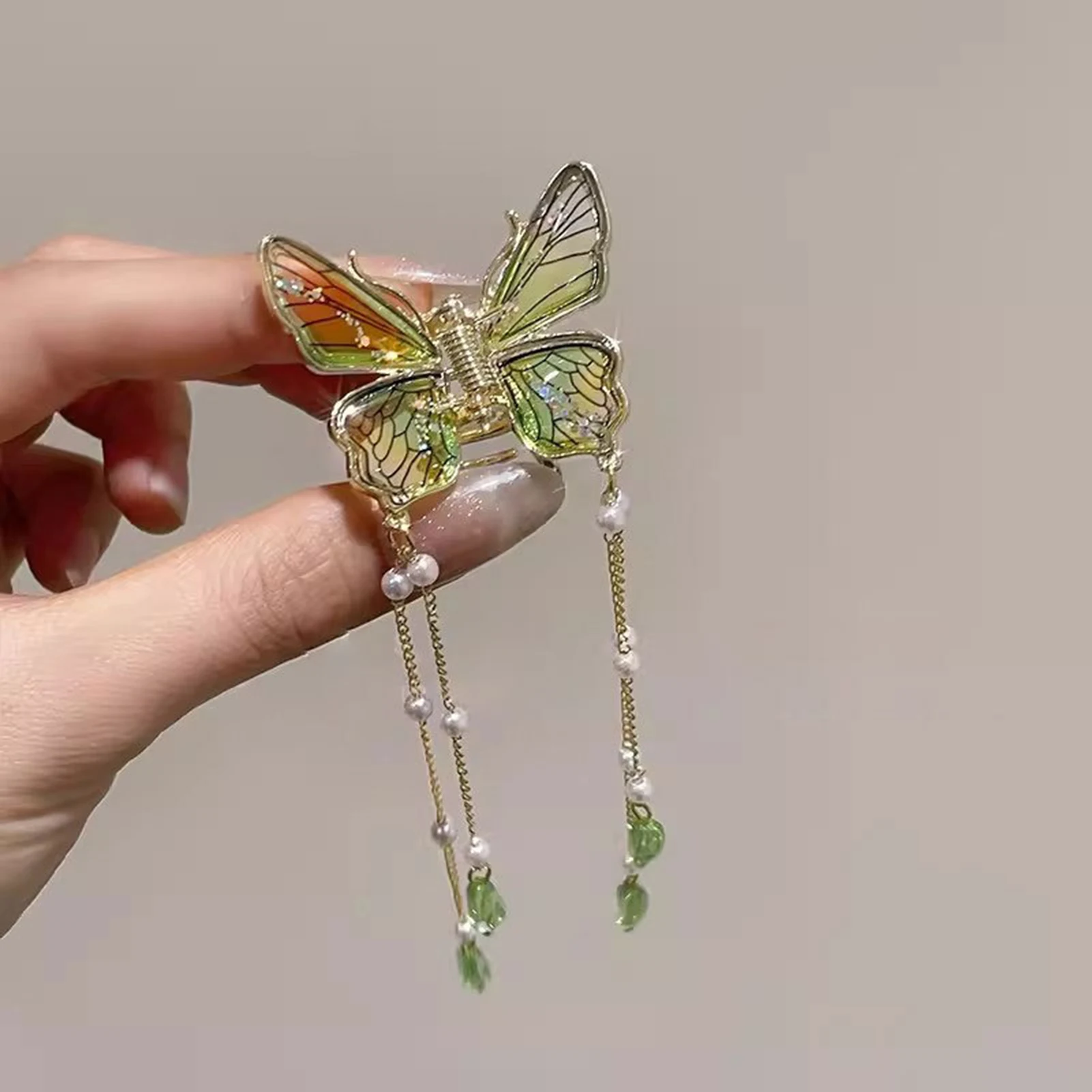 Elegant Gradient Butterfly Hair Claw with Pearl Tassel