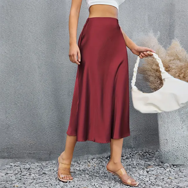 Satin Skirts for Women Korean Style Champagne Office High Waist A-line Skort Fashion Elegant Solid Long Pencil Skirt Silk Like