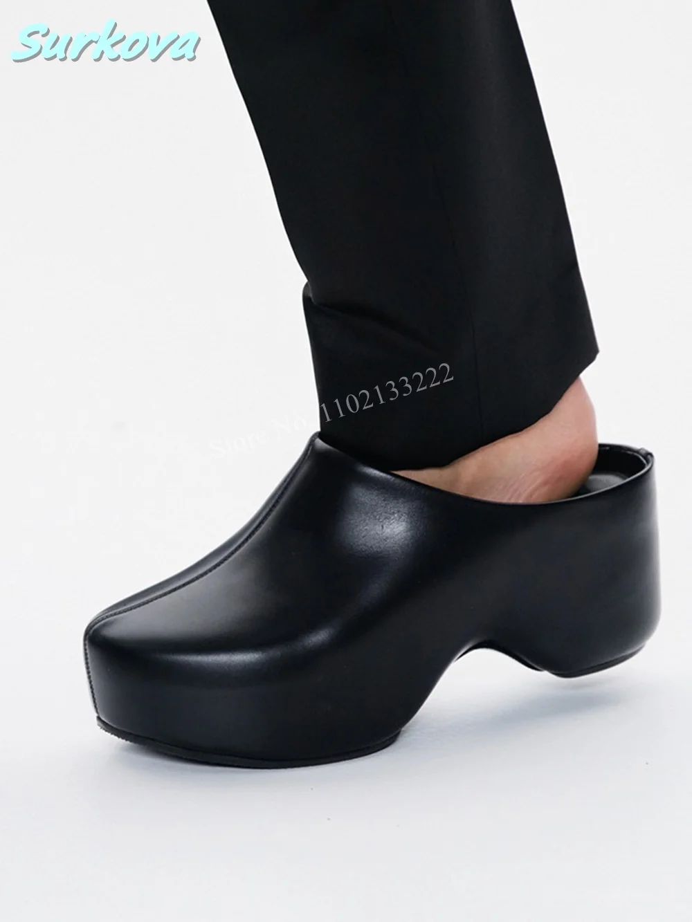 

Black Platform Leather Slippers 2023 Newest Summer Solid Round Toe Fashion Plus Size Women's Outside Modern Elegant Shoes