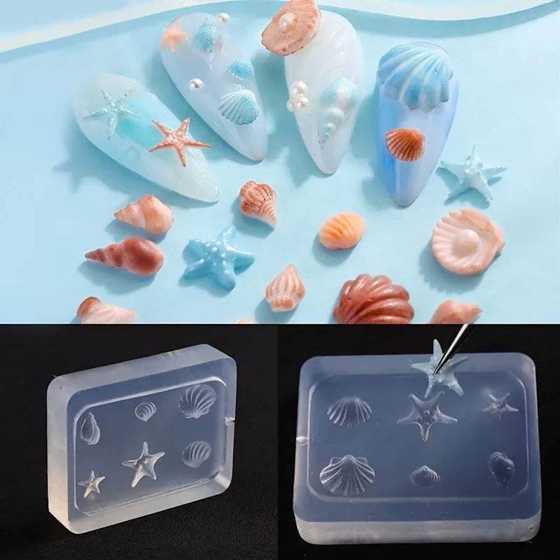 3D 실리콘 DIY 여름 네일 몰드 템플릿 조각 스텐실 도구 바다 조개 불가사리 해파리 매니큐어 디자인 네일 아트 장식