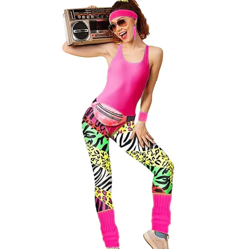 80s Workout Clothing Set 80s Party Costumes For Women Dance Party Leggings Leg Warmers Fanny Pack Earrings Headband Accessories