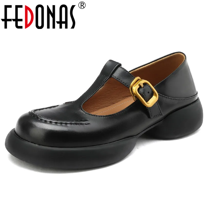 

FEDONAS Women Pumps Genuine Leather Round Toe Platforms Thick Heels Working Casual T-Strap Shoes Woman Spring Summer Retro New