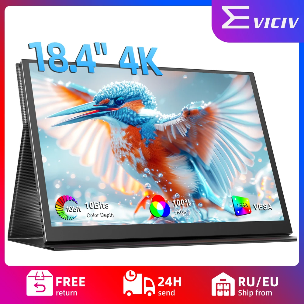 EVICIV 4K Portable Monitor 18.4 inch 3840x2160 IPS FreeSync USB C HDMI Computer Gaming Display with VESA & Smart Cover For Phone