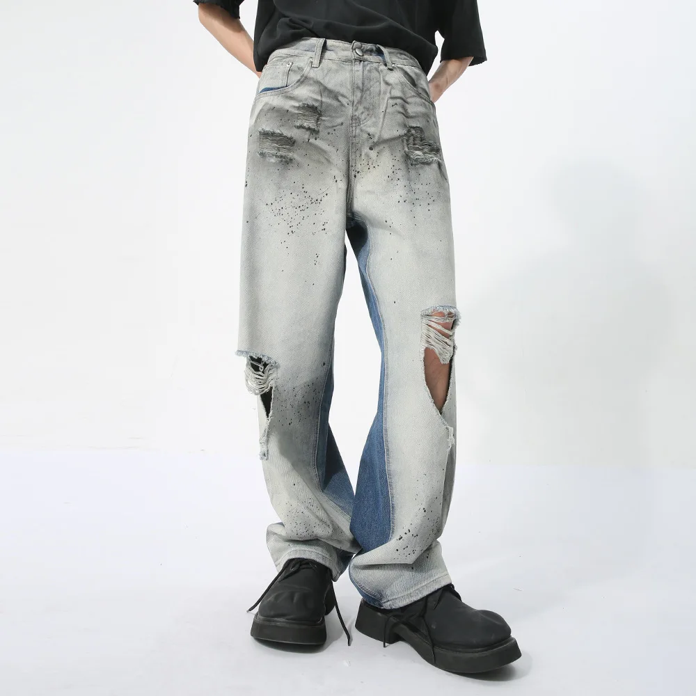 

Y2K Men Fashion Ripped Baggy Jeans Hip-Hop Vintage Streetwear Harajuku Denim Wide-leg Trouser Mens Casual Loose Wash Solid Pants