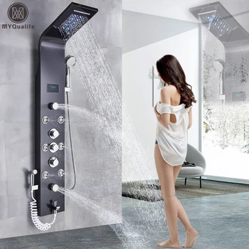 Rubinetto per doccia con luce a LED nera Bagno SPA Massaggio Sistema di colonna doccia a getto Cascata Pannello doccia a pioggia Rubinetto spruzzatore per bidet 1