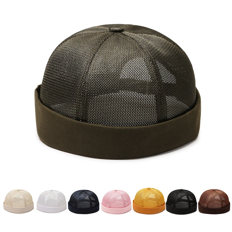 Vintage Summer Mesh Cap Breathable Brimless Hat Men Women Bucket Caps Adjustable Dad Hat Solid Color Beanie Hat Hip Hop Hats