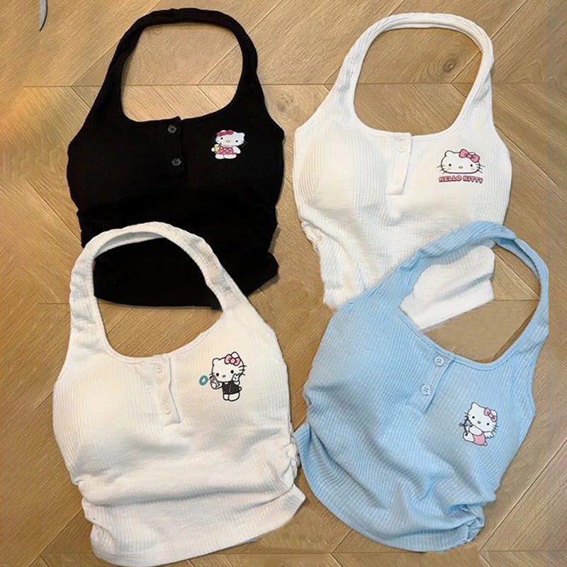 

Kawaii Hello Kitty Crop Tank Top Summer Camisole Anime Sanrioes Kt Cat Y2K Sexy Backless Knitted Underwear Girl with Chest Pad